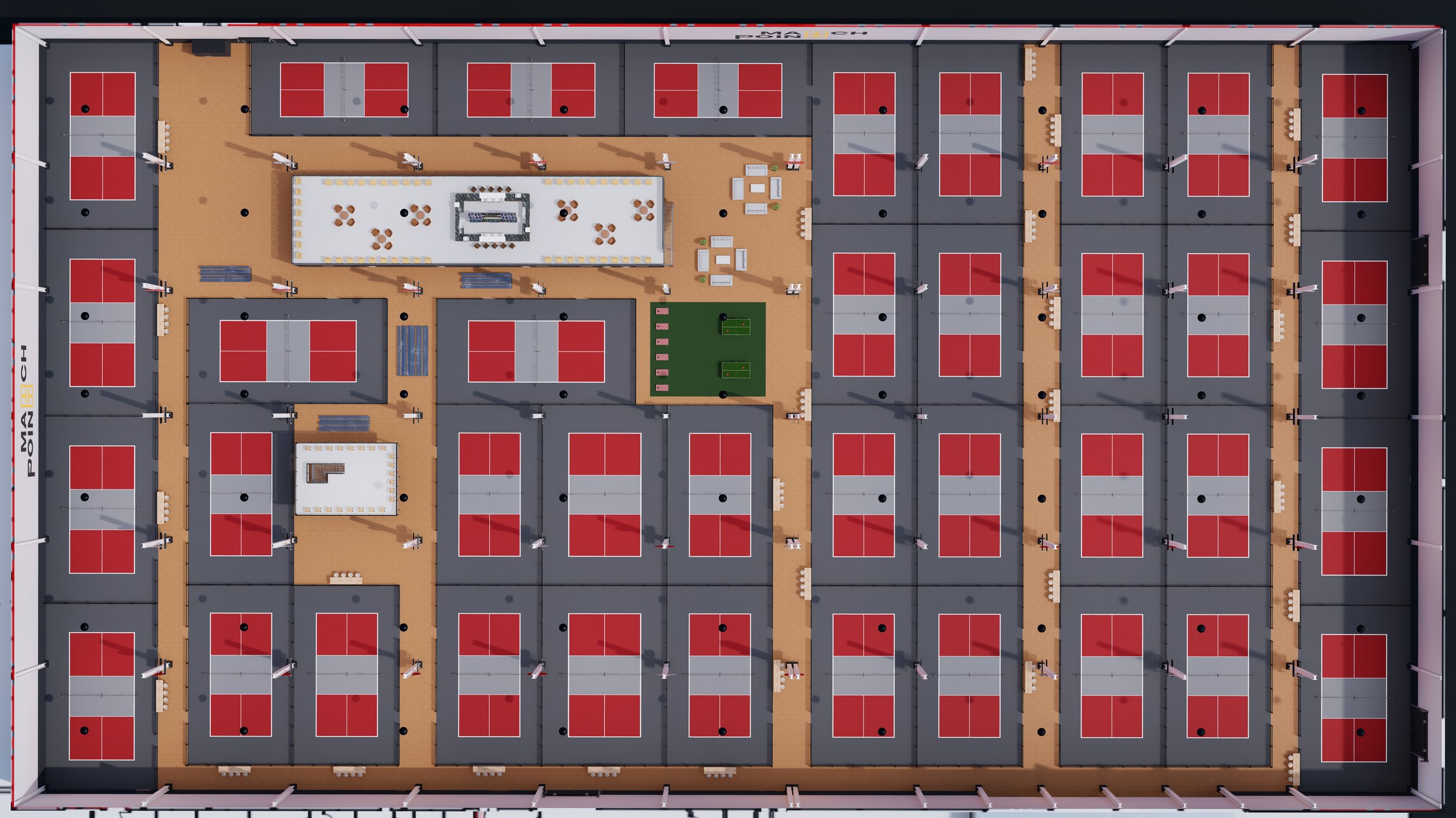 Aerial view of the world's largest indoor pickleball facility, Match Point Pickleball Club